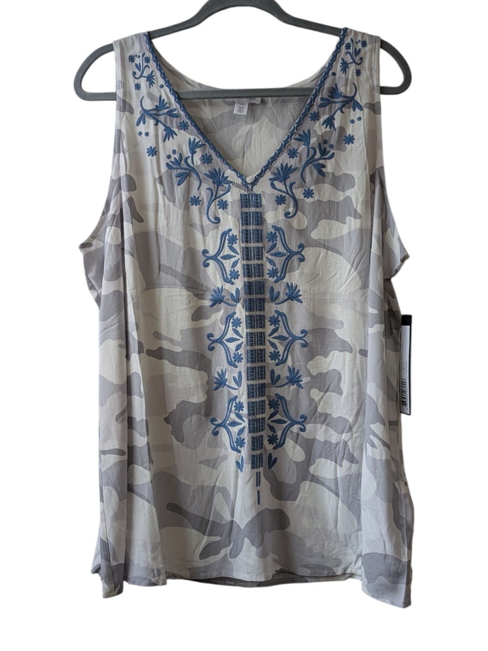 TRIBAL JEANS WOMEN'S BLUE & GRAY EMBROIDERED V-NECK SLEEVELESS BLOUSE SIZE XL